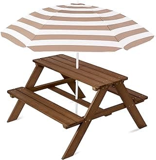 Wooden Kids Picnic Table with Umbrella, Outdoor Activity Table Set with Built-in Benches, 220 lb Capacity per Bench - Walnut/Beige