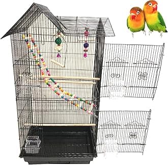 37-Inch Portable Hanging Medium Flight Bird Cage for Cockatiel Sun Quaker Parakeet Green Cheek Conure Parrotlet Finch Canary Budgie Lovebird Small Parrot Travel Bird Cage (Black with Toy)