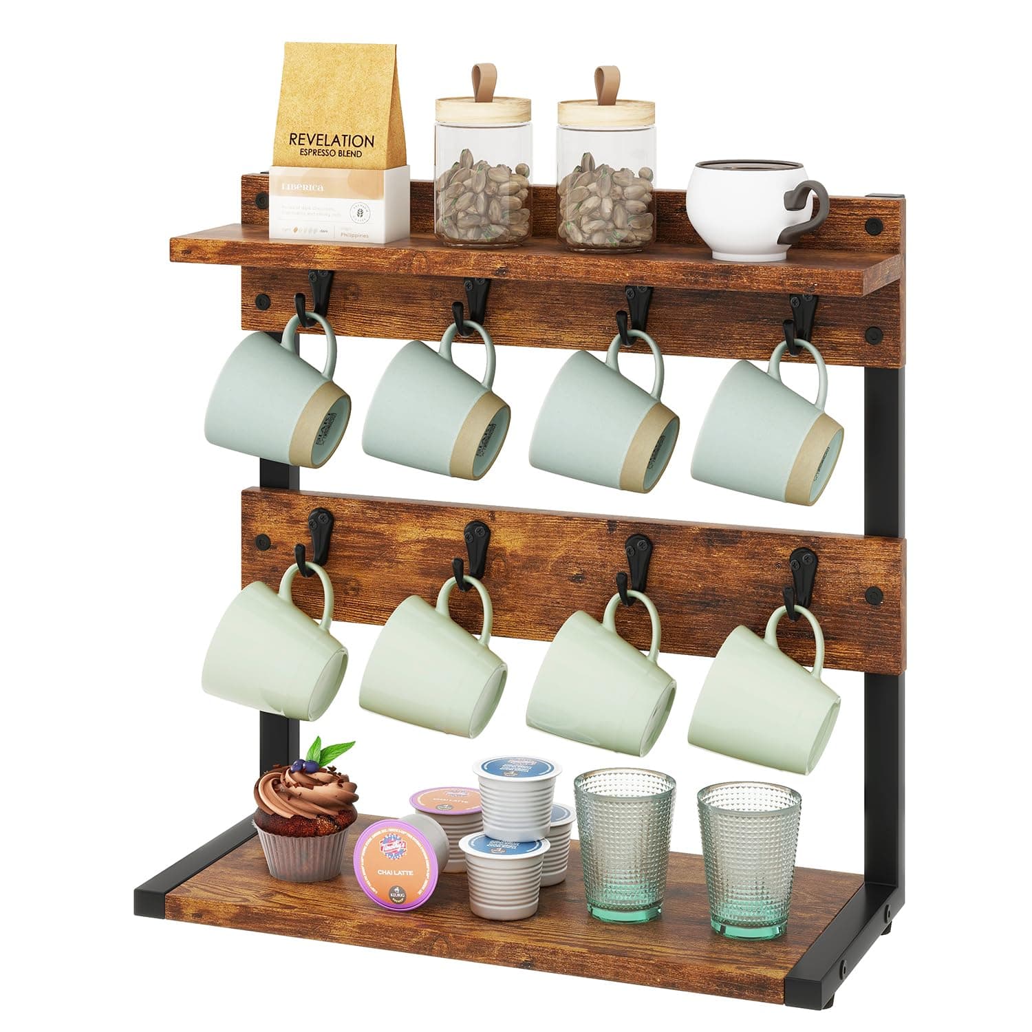 IBUYKE Engineered Wood Rustic Coffee Mug Holder Stand, 2 Tier Countertop Mug Tree Holder Rack with Storage Base, Vintage Mug Holders for Kitchen, Holds 8 Mugs, Rustic Brown UTBJ002H