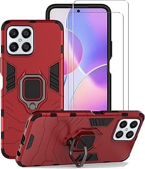 Chengmi ZMONE Phone Case for Honor X8 4G Case Cover with Glass Screen Protector [2 PACK] Heavy Duty Dual Layer Military Grade Shockproof Protective Cover with Magnetic Ring Kickstand - Red