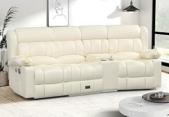Recliner Sofa with Storage Console, Flip Middle Backrest Design PU Leather 3 Seat Reclining Sofa with Storage Drawer, Manual Couch for Living Room (Ivory, 3 Seater + Console)