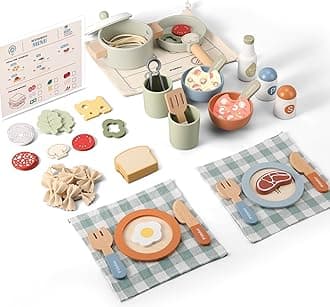 Wooden Play Cooking Set, Pretend Play Kitchen Accessories Toys Set for Kids Toddlers, Including Play Dishes, Pot and Pan, Utensils, Gifts for 3 4 5 Years Old Girls Boys