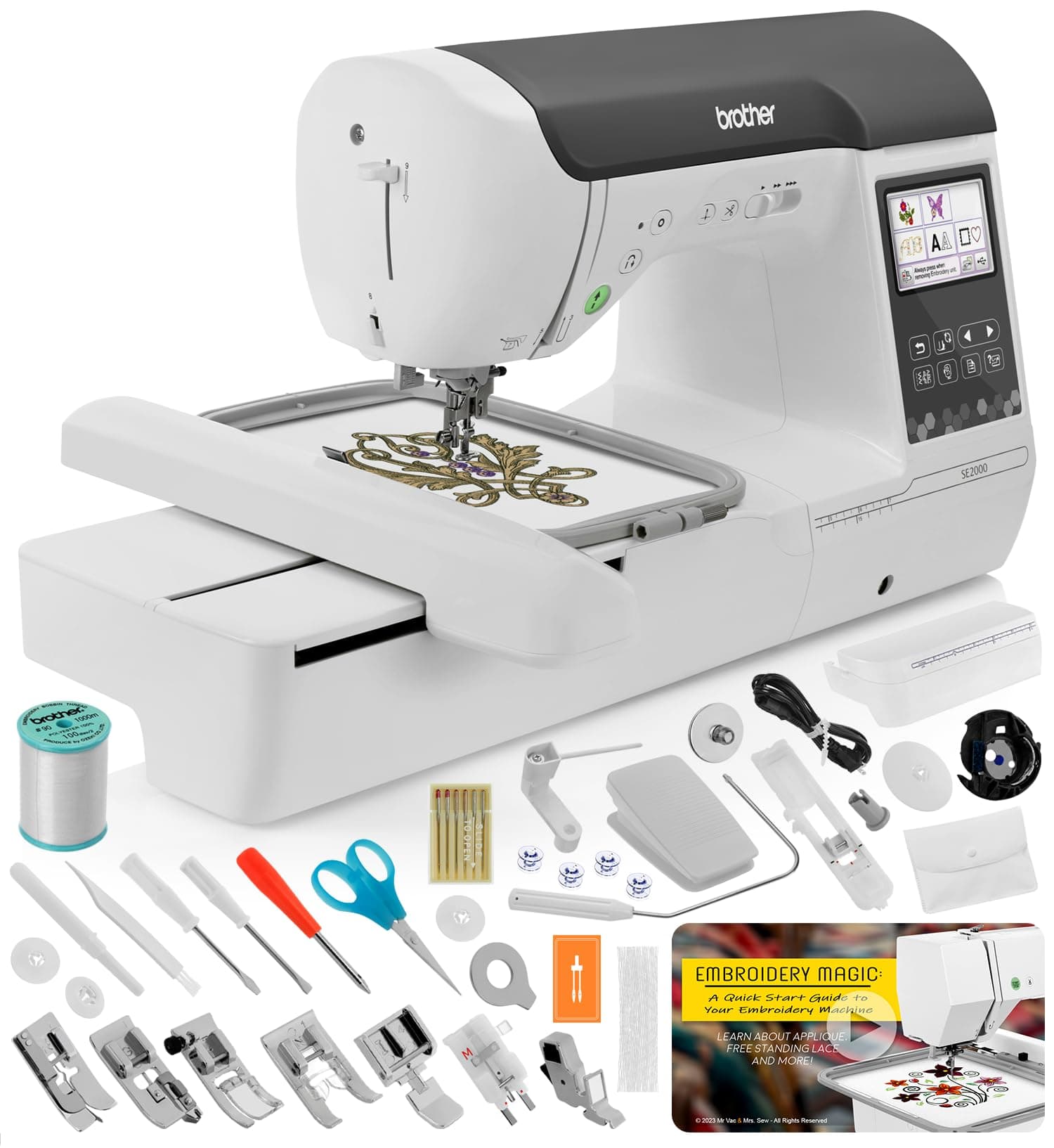 SE2000 Sewing and Embroidery Machine, 5" x 7" Field Size, 241, Sewing Stitches, Cuts Jump Stitches, Wireless, WLAN, Includes Mr. Vac & Mrs. Sew - Embroidery Magic: Quick Start Video