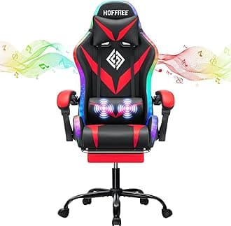Gaming Chair Massage with Bluetooth Speakers and Led Lights Ergonomic Computer Gaming Chair with Footrest RGB Video Game Chair with High Back Lumbar Support Red and Black