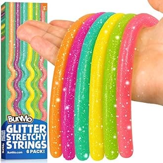 BUNMO Sensory Toys Stretchy Strings for Toddlers 3+ - Stimulating & Addictive Fidget Toys for Kids - Hours of Fun for Kids - Non-Mouthable Toy 3+ - Glitter 6 Pack