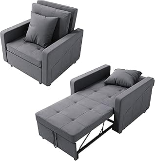Single Sofa Bed, 3-in-1 Pull Out Convertible Sleeper Chair Bed with Adjustable Backrest, Side Pockets, Pillow, Breathable Linen Guest Bed for Home Office Small Room Apartment, Grey