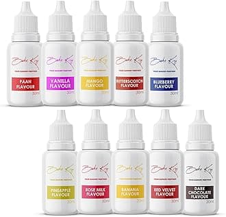Combo of 10 Vanilla, Paan, Mango, Butterscotch, Blueberry, Pineapple, Rose Milk, Banana, Red Velvet and Dark Chocolate Flavour Essence 30 ML Each Making Cakes, Cookies and Ice Creams Liquid Food (Pack of 10)
