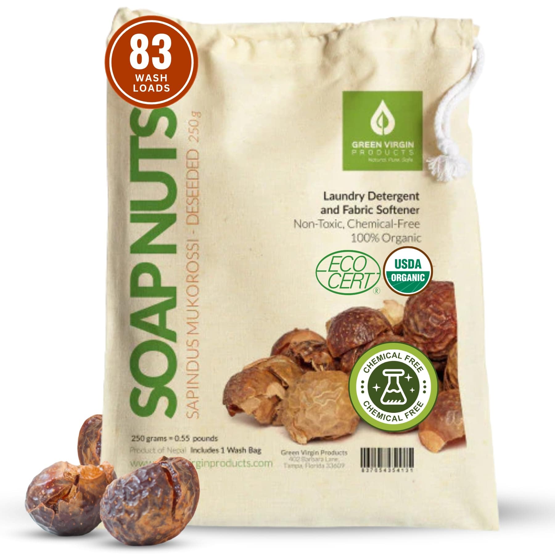 Green Virgin Soap Nuts (250 Grams=.55 Lbs=8.8 Ounces) Approx 83 Wash Loads, Includes 1 Wash Bag,USDA Organic