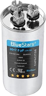 BlueStars 30+7.5 uF ±5% 30/7.5 MFD 370/440 VAC Dual Run Start Round Capacitor 50/60Hz 10000AFC for Condenser Straight Cool or Heat Pump Air Conditioner or AC Motor and Fan Starting