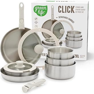 GreenLife 10 Piece Stainless Steel Pots and Pans, Detachable & Stackable Kitchen Set, Tri Ply Clad PFAS Free Cookware, Space Saving with Removable Handle, Induction & Oven Safe, RV Cookware, Glass Lid