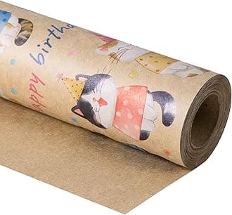 Kraft Wrapping Paper Roll - Mini Roll - Birthday Cat Design Great for Birthday, Party, Baby Shower - 17 Inches X 32.8 Feet