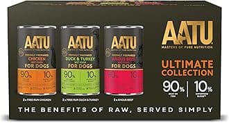 AATU Adult Dog Food Wet Tins - Variety Pack (6x400g) - Grain Free Recipe with No Artificial Ingredients - Good for Low Maintenance Feeding. (Packaging may vary).