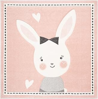 SafaviehCarousel Kids Collection CRK166P Bunny Nursery Playroom Area Rug, 4' Square, Pink/Ivory