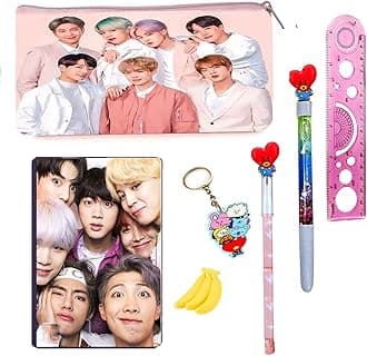 Neel® 7Ps BTS BT-21 Collection School Stationery Gift Set for Kids 1 BTS, A6 (80 Pages) Diary, 1 Pencil Case Pouch for Kids, 1 BT-21 Pen,1 Pencil, 1 Key Chain, 1 Ruler return gift (Pink, Red)