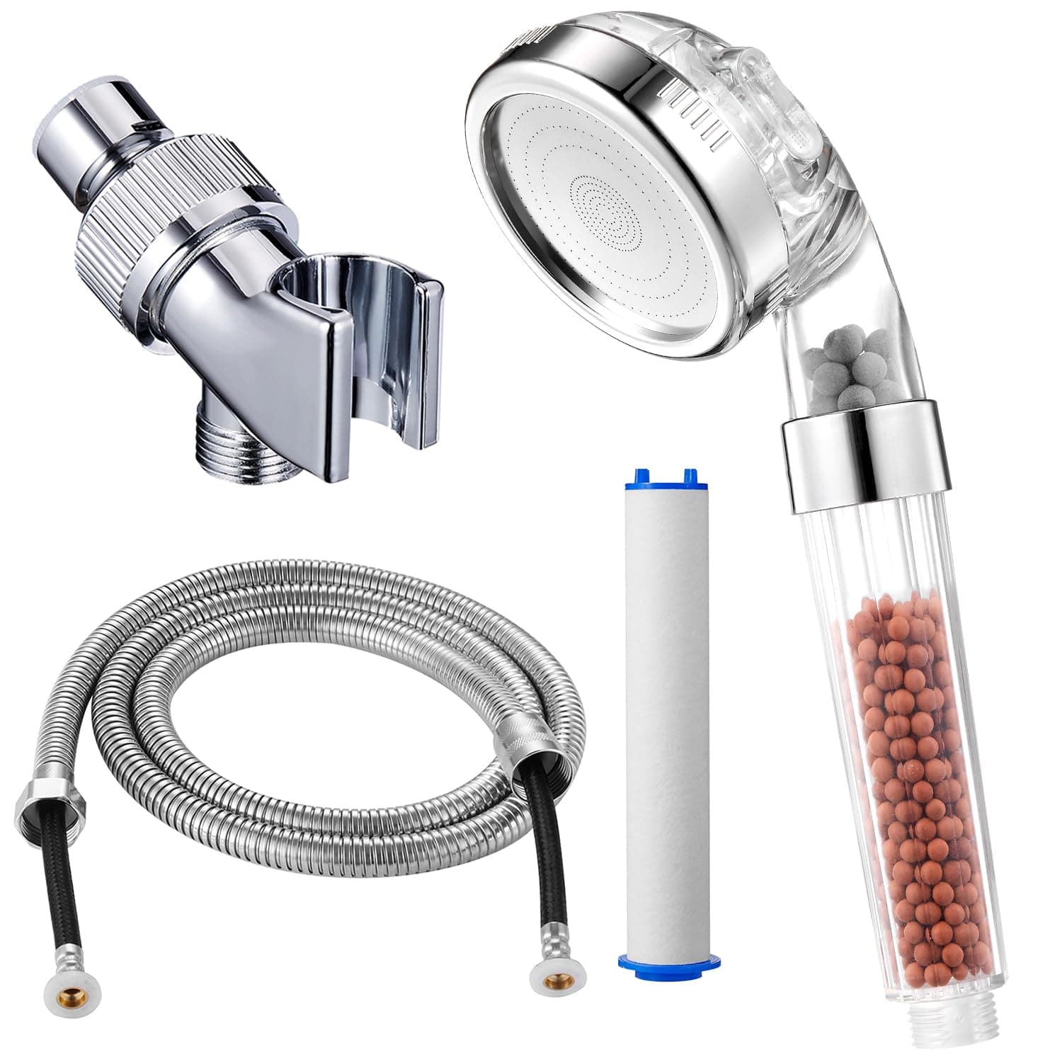 Filtered Shower Head with Mineral Stone Beads Filter, 3 Settings Handheld Spray Shower, High Pressure Water Saving Showerhead with Hose, Adjustable Shower Arm Mount and PP Cotton Filter Refill