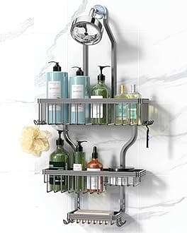 Shower Caddy Hanging - Never Rust Organizer - Aluminum over The head caddy with 10 Hooks for Razor/Sponge - Shower Rack with Soap Basket - Grey