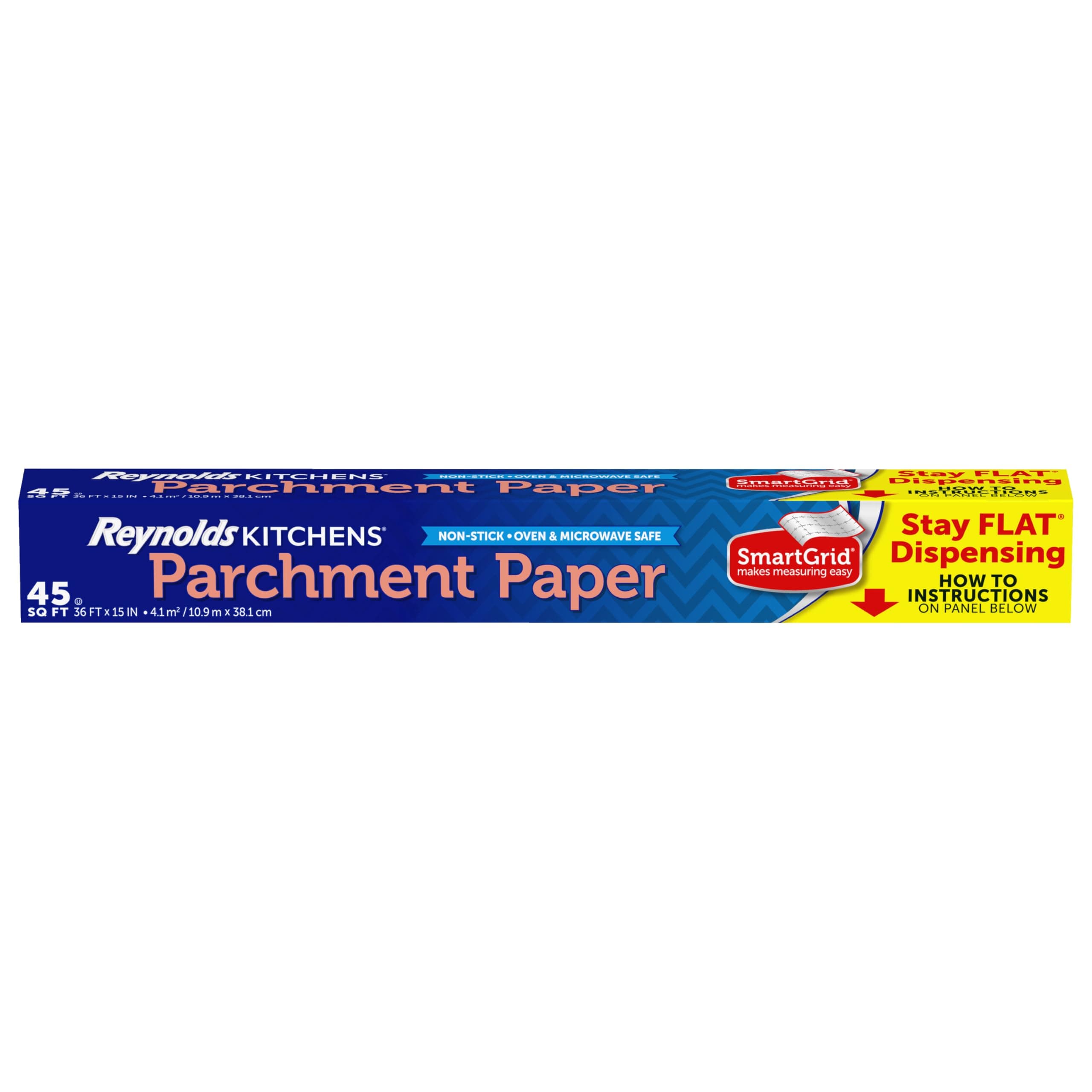Reynolds Kitchens Stay Flat Parchment Paper Roll, Non Curling Baking Parchment Paper for Baking and Cooking, Oven Safe up to 425 Degrees, 36 Feet x 15 Inches, 45 Total Sq. Ft.