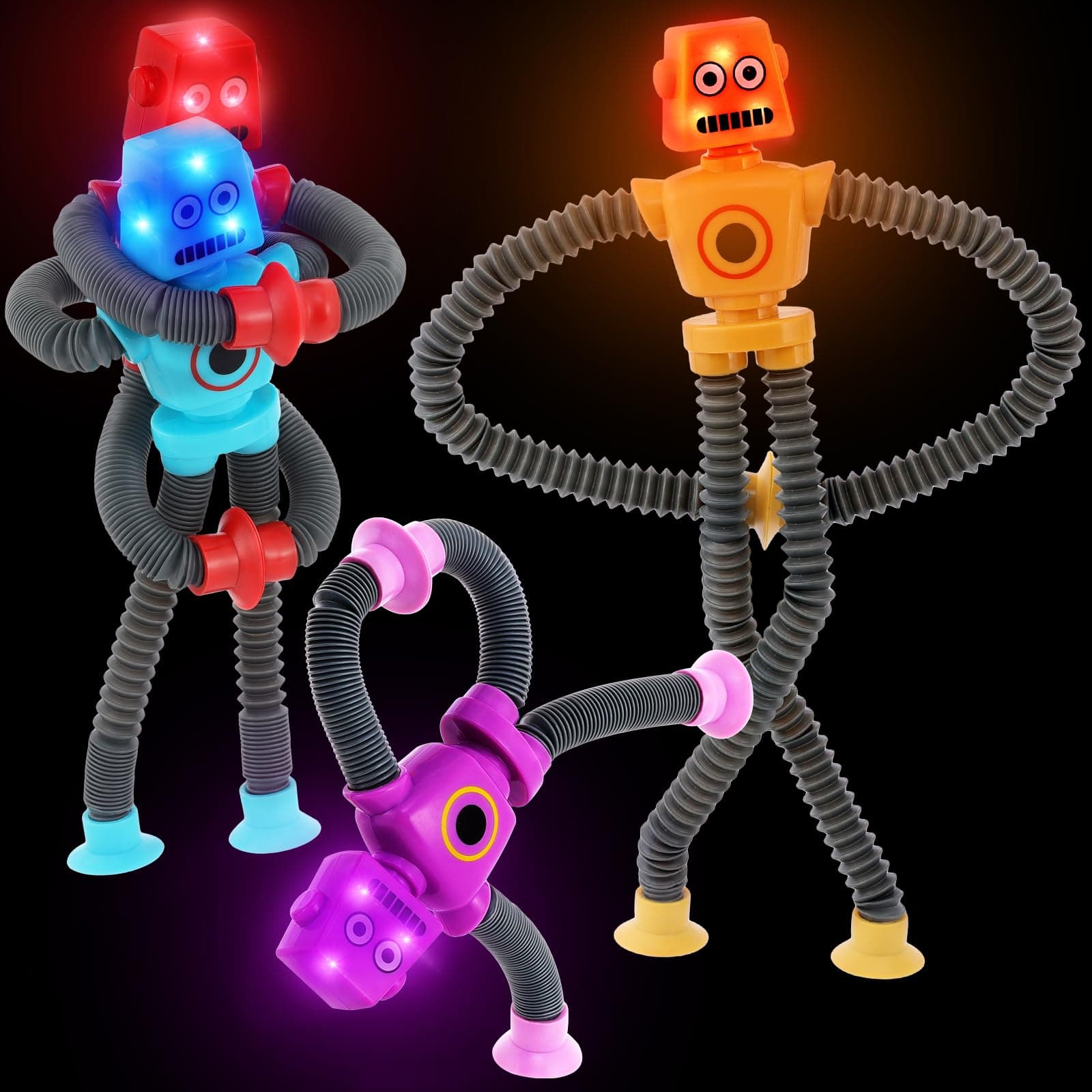 Easter Basket Stuffers for Toddler Kids LED Light Up, Pop Tubes Robot Travel Toys 4Pcs, Suction Cup Sensory Fidget Autism Stress Relief Toys, Airplane Car Travel Activities for Boy & Girl