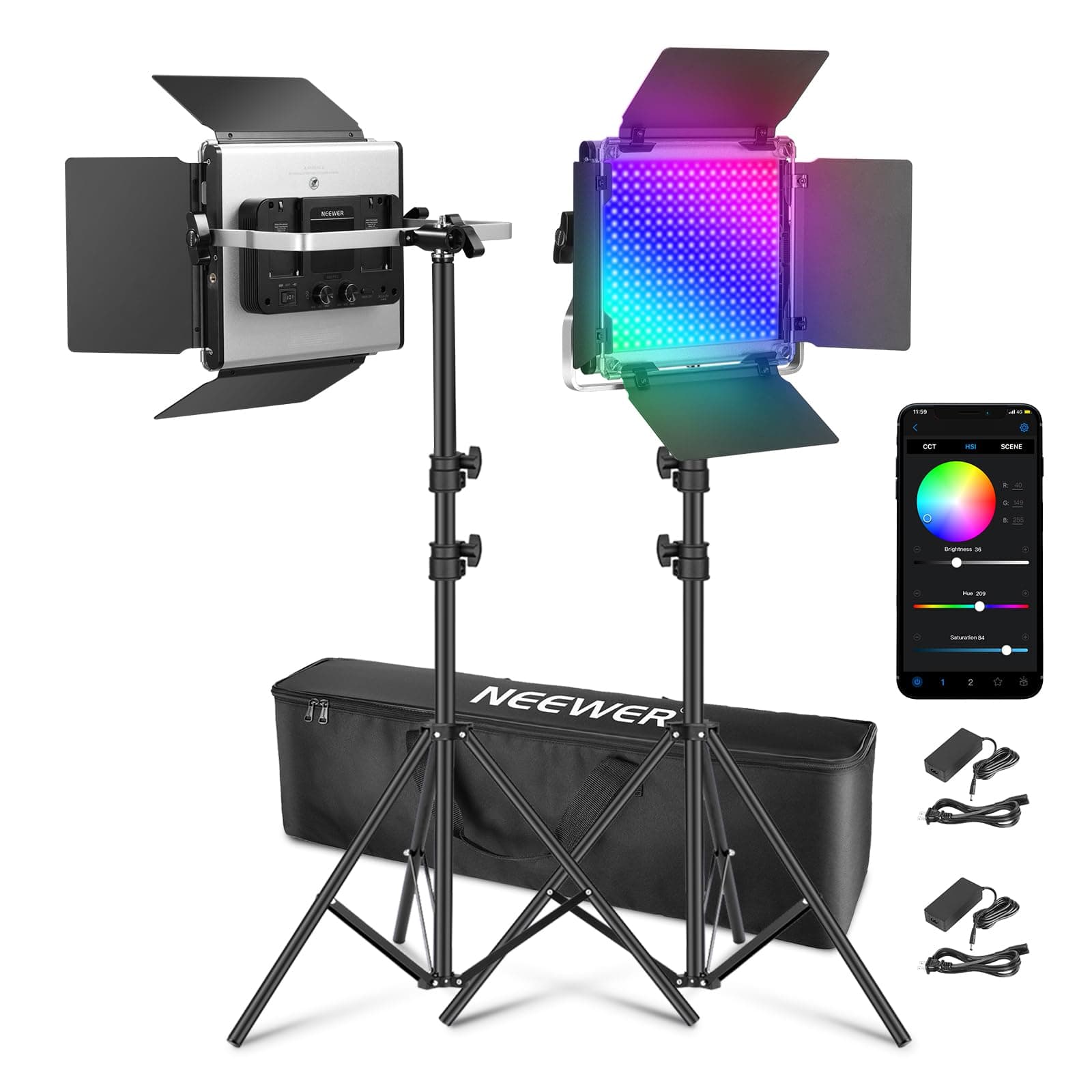 NEEWER 660 Pro II Upgraded RGB LED Video Light Panel with App Control and Support Kit, 2 Pack Constant 50W No Color Change / 1% Minimum Accurate Attenuation / 360° RGB /