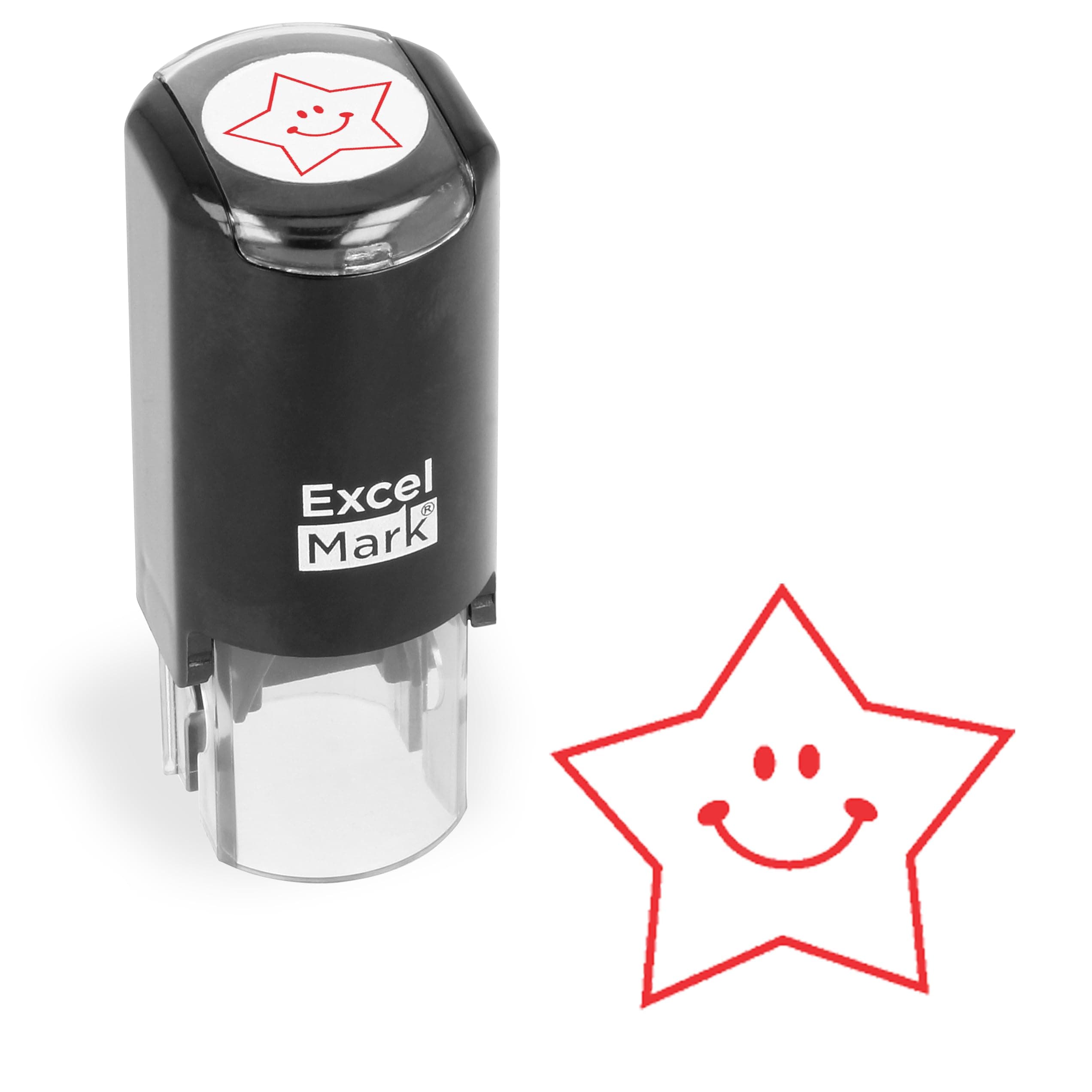 ExcelMark Round Teacher Stamp - Happy Star - RED Ink