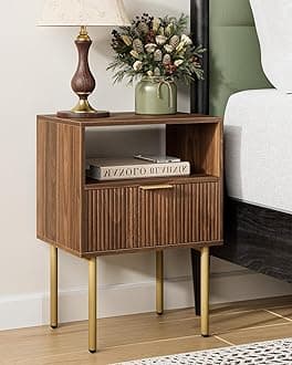 Nightstand,Small Bedside Table with Gold Frame,Walnut Night Stand,Bedside Furniture,Side Table with Drawer and Shelf for Bedroom,Living Room (1Drawer, Walnut)