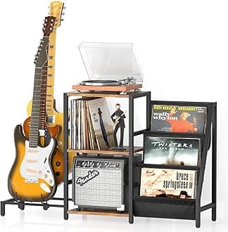 Bikoney Record Player Stand, Guitar Stand for Acoustic, Electric Guitar, Bass with Amp Stand, 3-Tier Vinyl Record Storage Up to 200 Albums, Record Player Table for Record Player, Speaker, Amplifier (3 guitar stand, Brown)