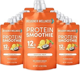Designer Wellness Protein Smoothie, Real Fruit, 12g Protein, Low Carb, Zero Added Sugar, Gluten-Free, Non-GMO, No Artificial Colors or Flavors, Tropical, 12 Count