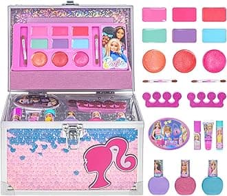 Barbie Train Case Beauty Set, Kids Makeup Kit for Girls, Real Washable Makeup Set, Play Makeup, Party Favor, Birthday, Ages 3 4 5 6 7 8 9 10 11 12 by Townley Girl
