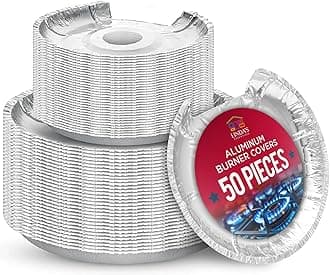 Heavy-Duty Aluminum Electric Stove Burner Covers (50 Pack) - Disposable Round Foil Liners (6 & 8 Inch), Non-Stick Drip Pan Protectors, Stove Top Covers, Great Kitchen Accessory for Easy Cleanup
