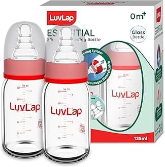 Essential Slim Neck Glass Feeding Bottle, 125ml, 0m+/Babies Upto 3 Years, Made of Borosilicate Glass, BPA Free, Ergonomic Shape is Easy to Hold, with Anti Colic Nipple, Pack of 2, White & Red