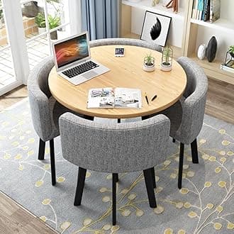 Round Kitchen Dining Table Set for 4, Space Saving Table and Chairs Set with Thick Tabletop 4 Upholstered Chairs, Dinning Room Modern Casual Coffee Table Set(D 31.5inch/80cm, Light Gray)