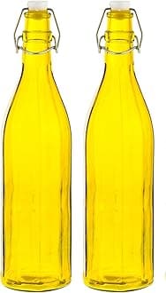 MACHAKColhexa Glass Bottles With Cork 1litre, Kitchen Decoration (Yellow, 2 Pcs)