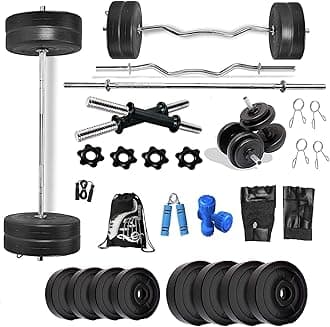 Bodyfit Home Gym Set 8 Kg to 100 Kg with Straight and Curl Rod + Dumbbell Rods Complete Exercise Equipments 1Kg Pair Dumbbell. (36 Kg Weight Plates)