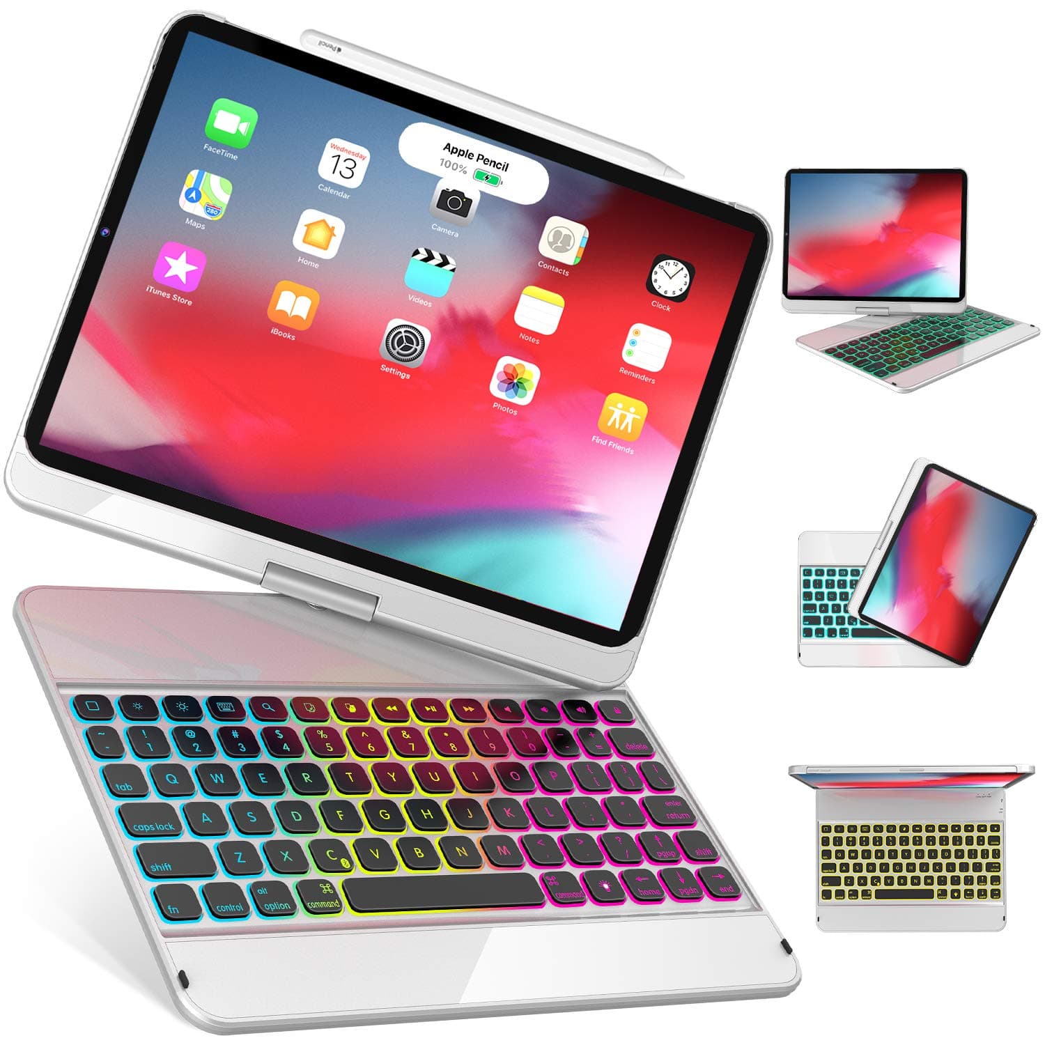 Keyboard for iPad Pro 11 2018 (1st Generation) - 360 Rotatable - Wireless/Smart - Backlit 17 Color - Auto Sleep Wake - Support Apple Pencil 2nd Gen Charging, White Silver