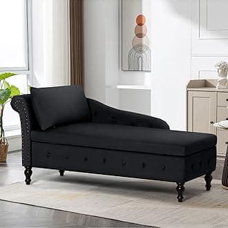 Velvet Chaise Lounge with Left Armrest & Storage Space,Button Tufted Lounge Chair w/Lumbar Pillow,Modern Upholstered Lounge Chair for Bedroom, Living Room and Office, Black