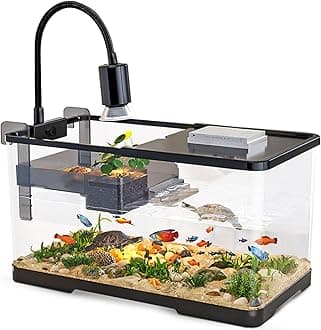 (Tank + Light + Filter + Filter Balls) Turtle Tank Kit, Turtle Tank Starter Kit,Bottom Drainage, Multi-Function Areas for Turtles, Crabs,Fishes, Amphibians,Reptiles. (21.65 × 12.28 × 12.28 Inch)