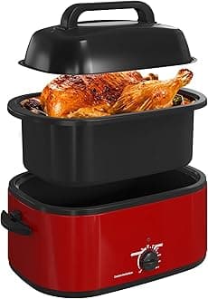 RoyalCraft 26-Quart Electric Roaster Oven with Visible Self-Basting Lid, Turkey Roaster Oven with Removable Pan and Rack, Perfect for Large Meals and Holiday Feasts, Red