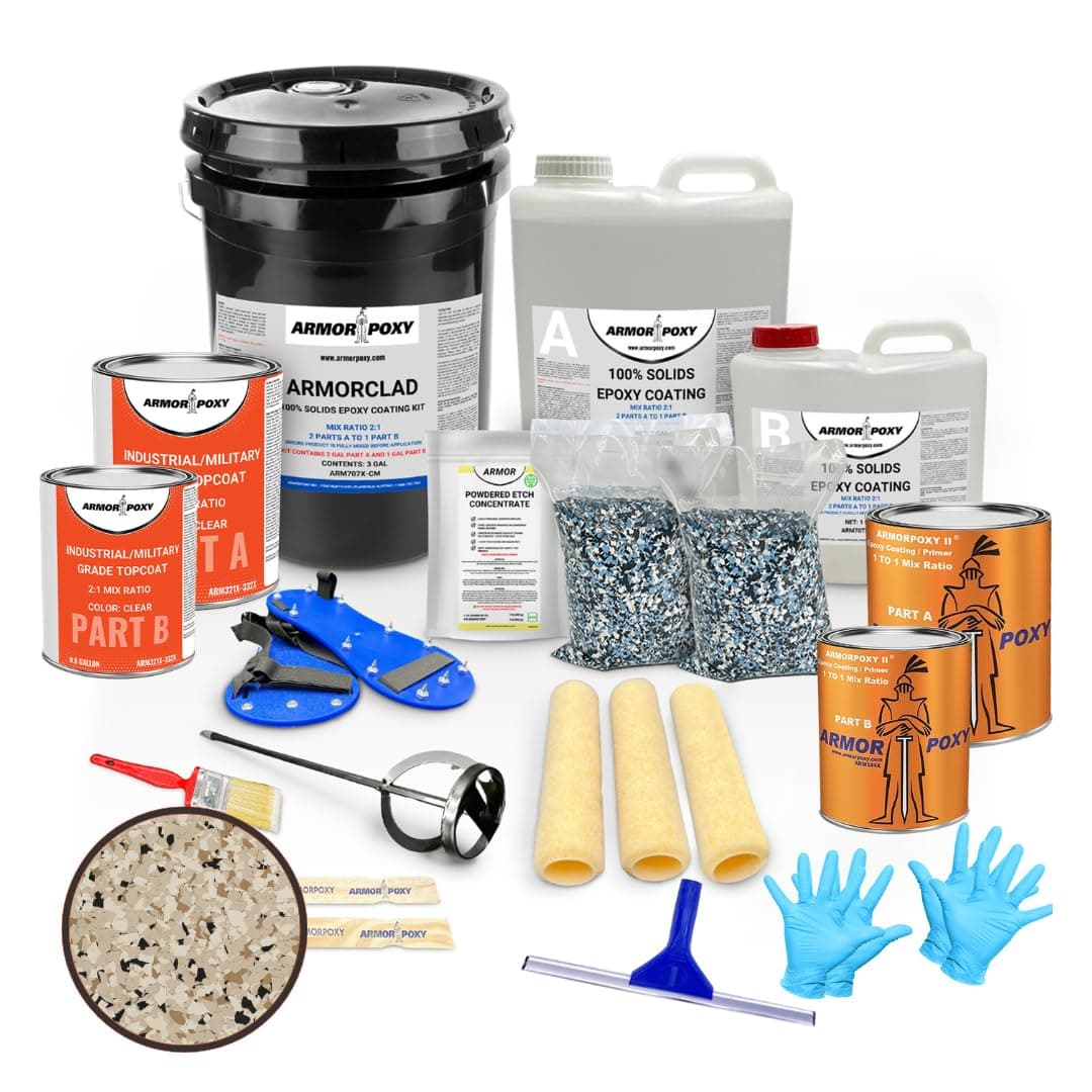 ArmorPoxy Luxury Design Epoxy Floor Kit – 100% Solids - Professional-Grade 4-Layer System w/Color Chips – UV-Resistant, Chemical-Proof Garage & Commercial Flooring DIY-Friendly | 600 Sq Ft - SHORELINE