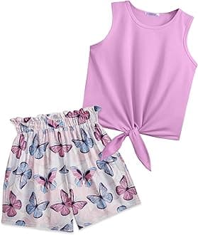 Arshiner Girl's 2 Piece Outfits Tie Knot Tank Top and Paperbag Waist Pocketed Summer Short Sets