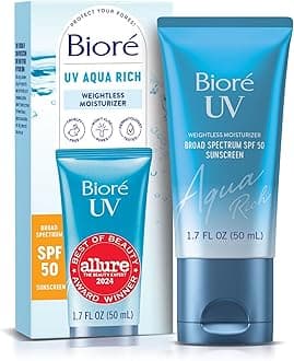 Biore UV Aqua Rich SPF 50 PA++++ Daily Moisturizer Sunscreen for Face, For Sensitive Skin, Oil Free, Hyaluronic Acid, Vegan, Oxybenzone & Octinoxate Free, Dermatologist Tested, 1.7 Oz