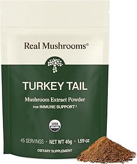Real Mushrooms Turkey Tail Mushroom Powder – Organic Mushroom Extract for Daily Wellness Gut Harmony, & Energy Support with Beta Glucans – Vegan, Non-GMO, 45 Servings Functional Supplement