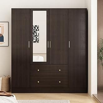 Dark Brown Wardrobe Armoire with Mirror, 5-Tier Shelves, 2 Drawers, 2 Hanging Rods and 4 Doors, Wooden Closet Storage Cabinet for Bedroom (63”W x 19.7”D x 70.9”H)