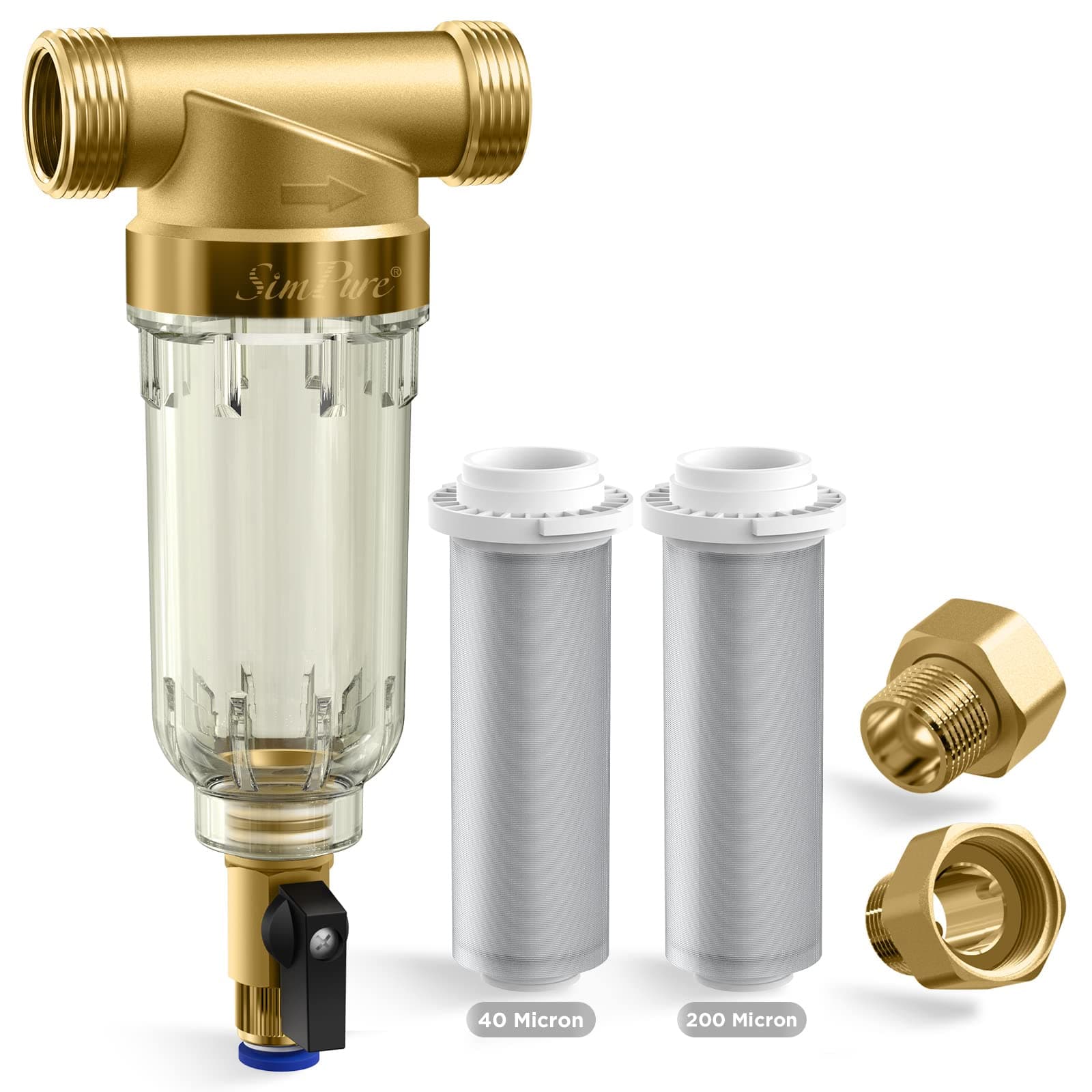 SimPure Spin Down Sediment Filter, Reusable Whole House Spindown Pre Sediment Water Filter, 40 Micron, Water Pre-Filter System, 2.5cm MNPT + 1.9cm FNPT + 1.9cm MNPT, Brass - BPA Free