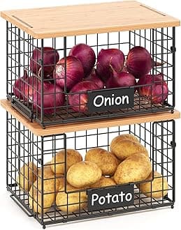keomaisyto 2 Set XL Stackable Wire Baskets with Bamboo Top- Pantry Organizers and Storage, Kitchen Organization Counter Storage Bins for Potato/Onion/Fruit/Vegetable/Produce, Under Sink Organizing
