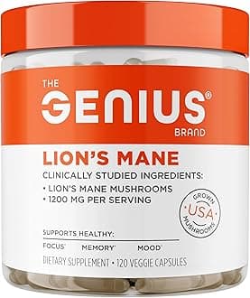 The Genius Brand Genius Lion's Mane - Plant-Based Supplement for Memory, Focus & Mood Support - Organic & Non-GMO - 120 Veggie Capsules