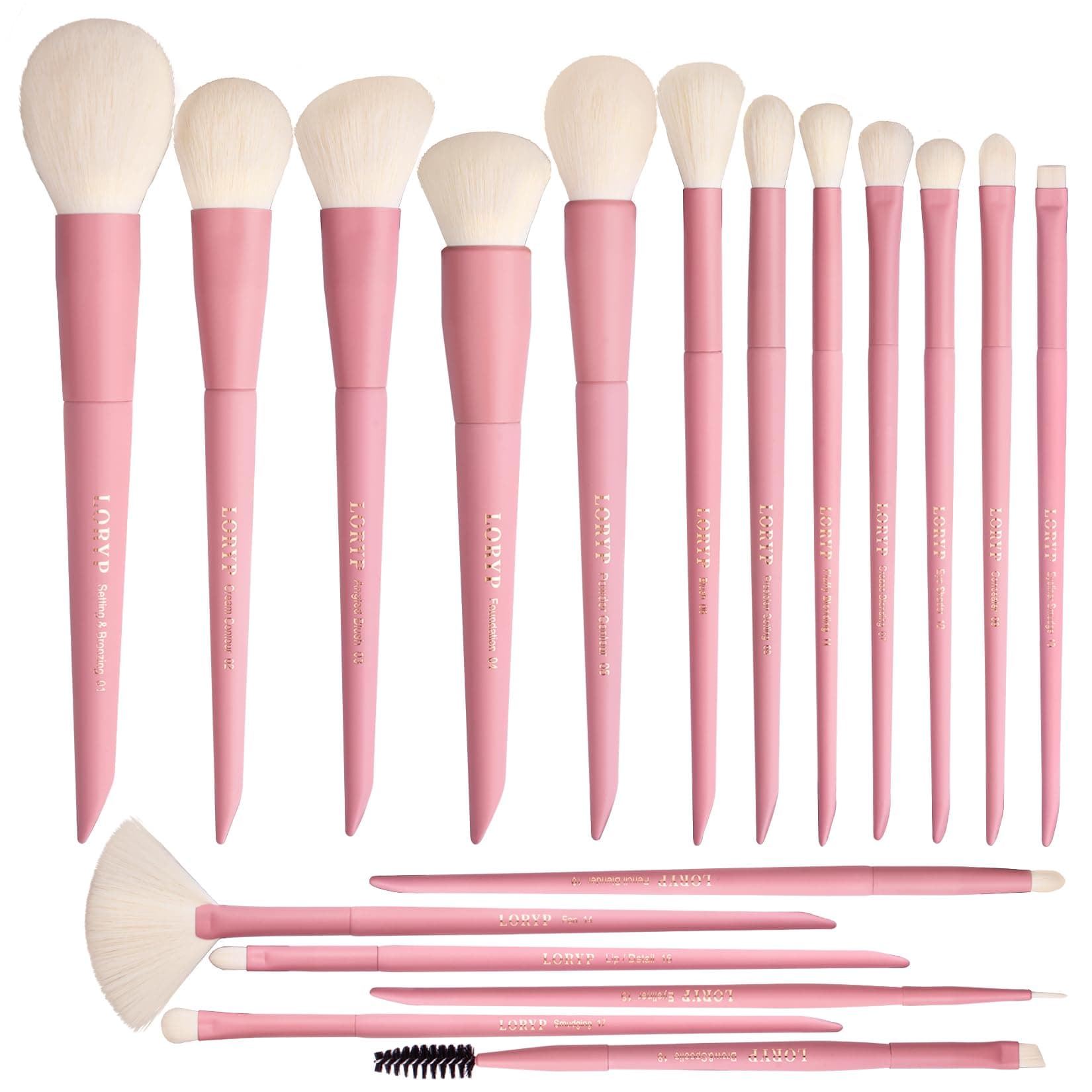 LORYP Makeup Brushes Set Labeled 18 Piece Face and Eye Brush Set Ultra soft hair Foundation, Concealer, Blush, Contour, Blending, Eyeshadow Pink Brush kit