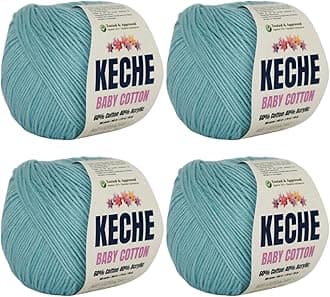 Keche Cotton Yarn, 60% Cotton 40% Acrylic Yarn, Soft Cotton Yarn for Crochet and Knitting, Amigurumi Yarn 4 Skeins/Balls [1.76 Oz (50g) / 180 Yrds (165m)] x 4 - Baby Blue