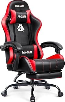 N-GEN GAMING Video Gaming Chair with Footrest Lumbar Support for Home Office High Back Recliner Height Adjustable Ergonomic Comfy Leather Computer Desk Chair (Red)