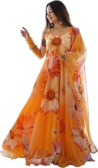 ShasmiWomen's Stylish Floral Printed Orgenza Anarkali Dress Gown, Kurta with Dupatta Set Anarkali Floral Printed Gown with Dupatta