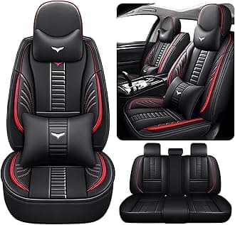 Full Set of Universal Fit Automotive Seat Covers fit for Mitsubishi Outlander Sport 2011-2025, PU Leather Automobile Interior Sets with Headrest & Back Pillow Black & Red Line